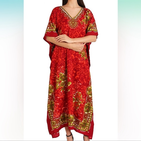 Lavish London Caftan Red Poppy Green Roses Maxi Dress Beach Cover Up Size 1X - Picture 2 of 10